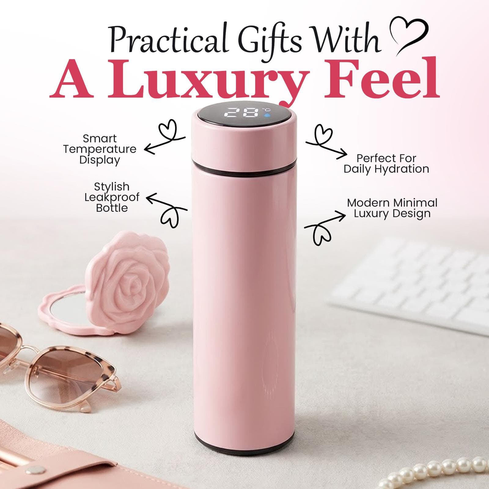 Pink smart temperature display bottle with luxury gift styling