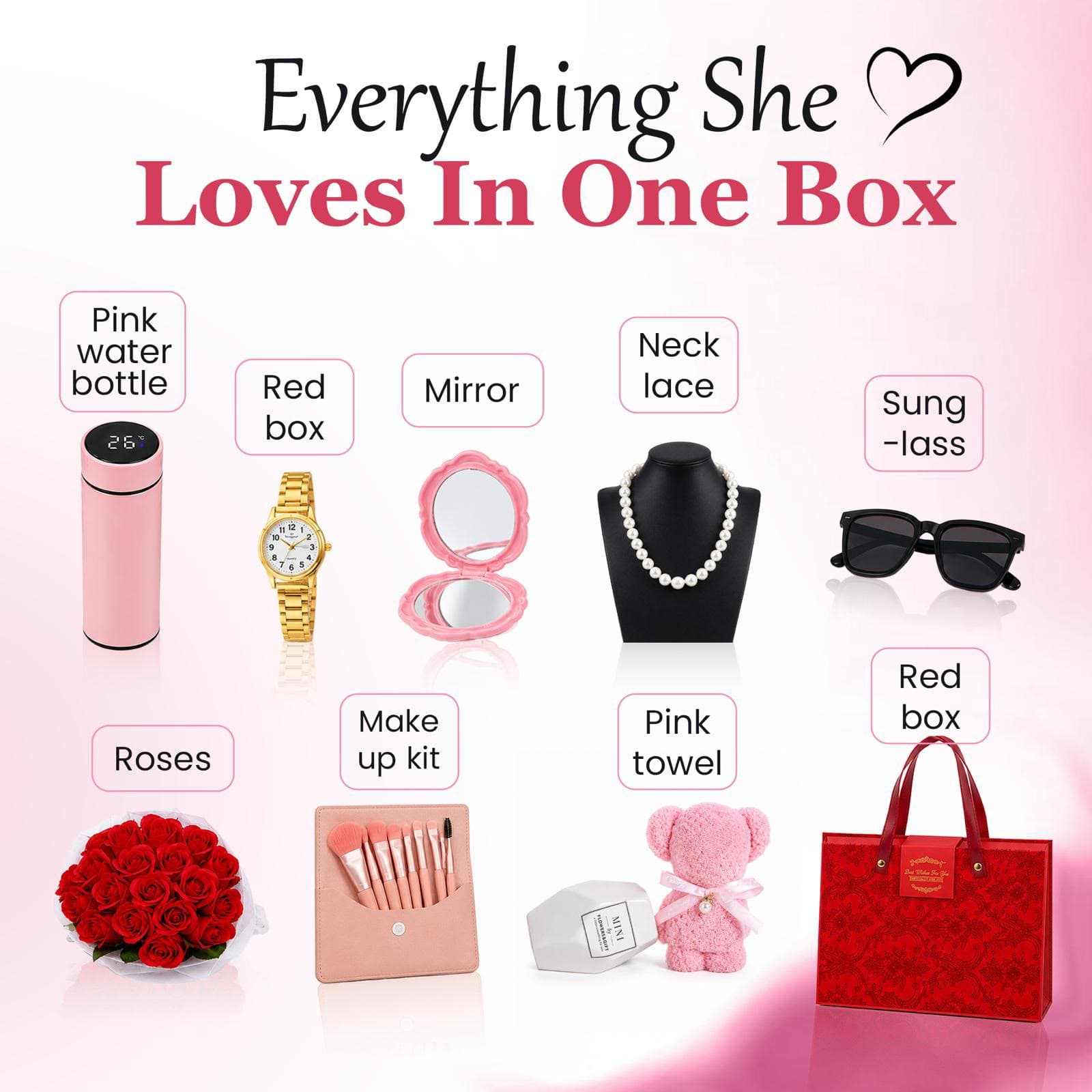 Labeled NEIU gift bundle contents including bottle, watch, mirror, necklace, sunglasses, roses, makeup kit, towel, and red box