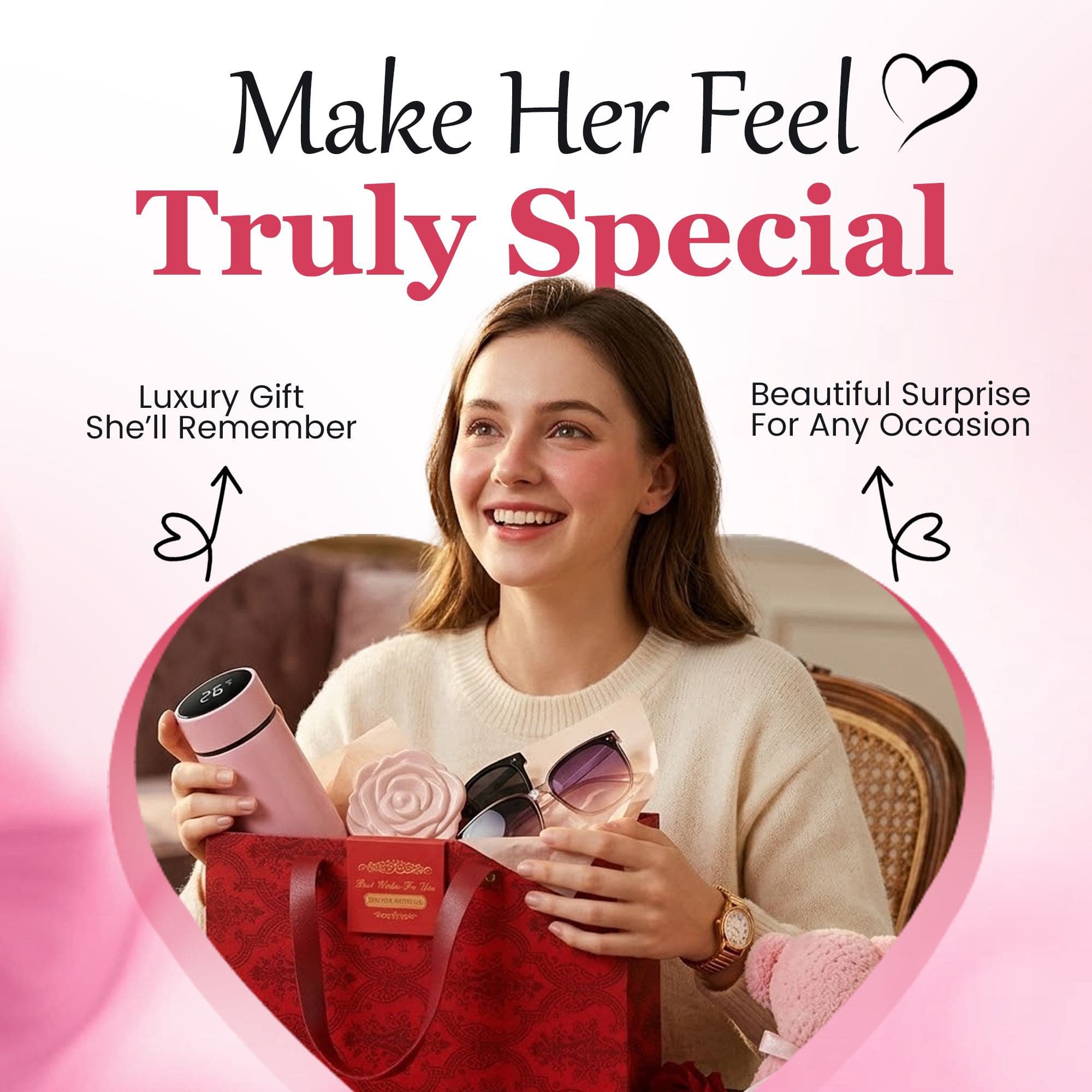 Woman receiving a romantic NEIU luxury gift set