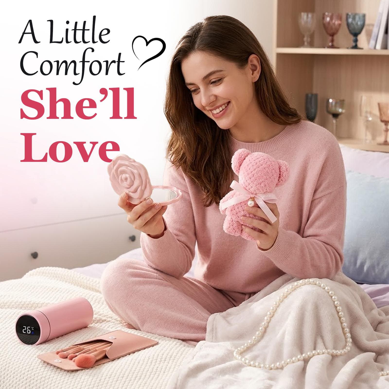 Woman holding a pink teddy and rose compact mirror from a NEIU gift set