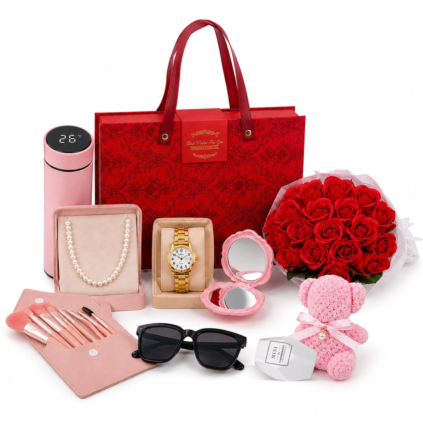 NEIU luxury gift set with roses, watch, pearl necklace, makeup brushes, sunglasses, and red gift bag