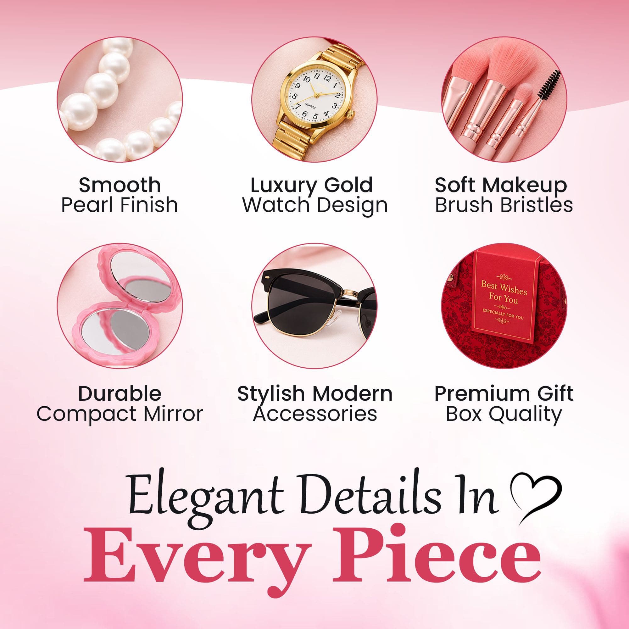 Close-up detail panel showing pearl finish, gold watch, makeup brush bristles, mirror, sunglasses, and gift box quality