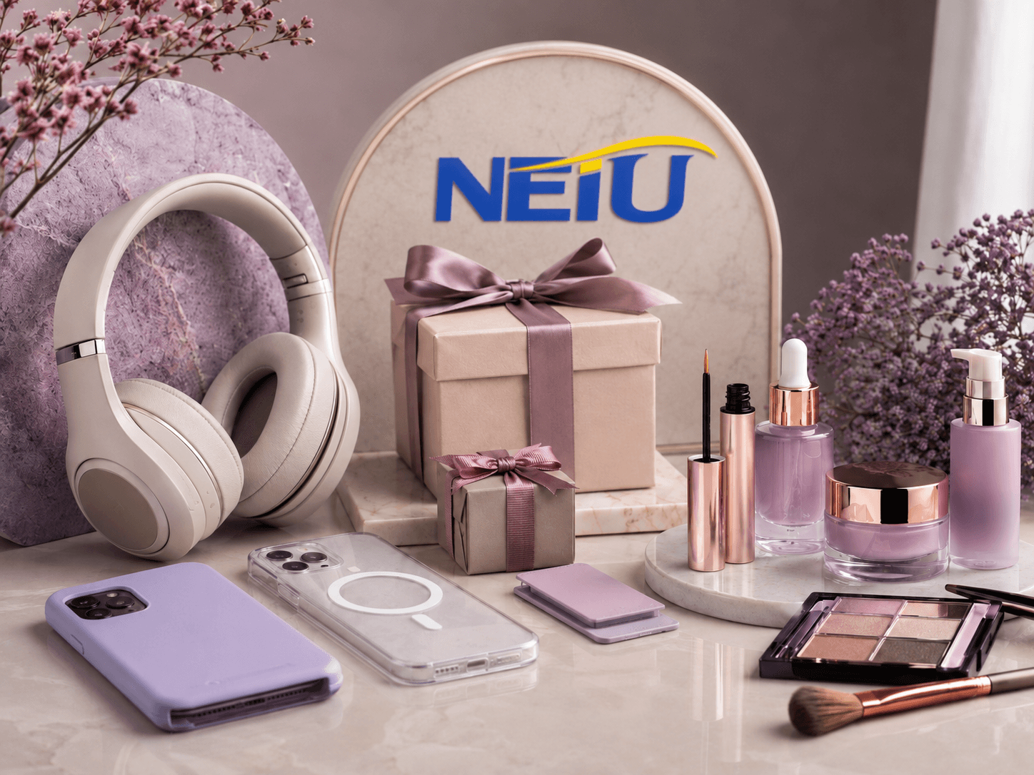 NEIU premium shopping categories including headphones, gifts, and beauty products